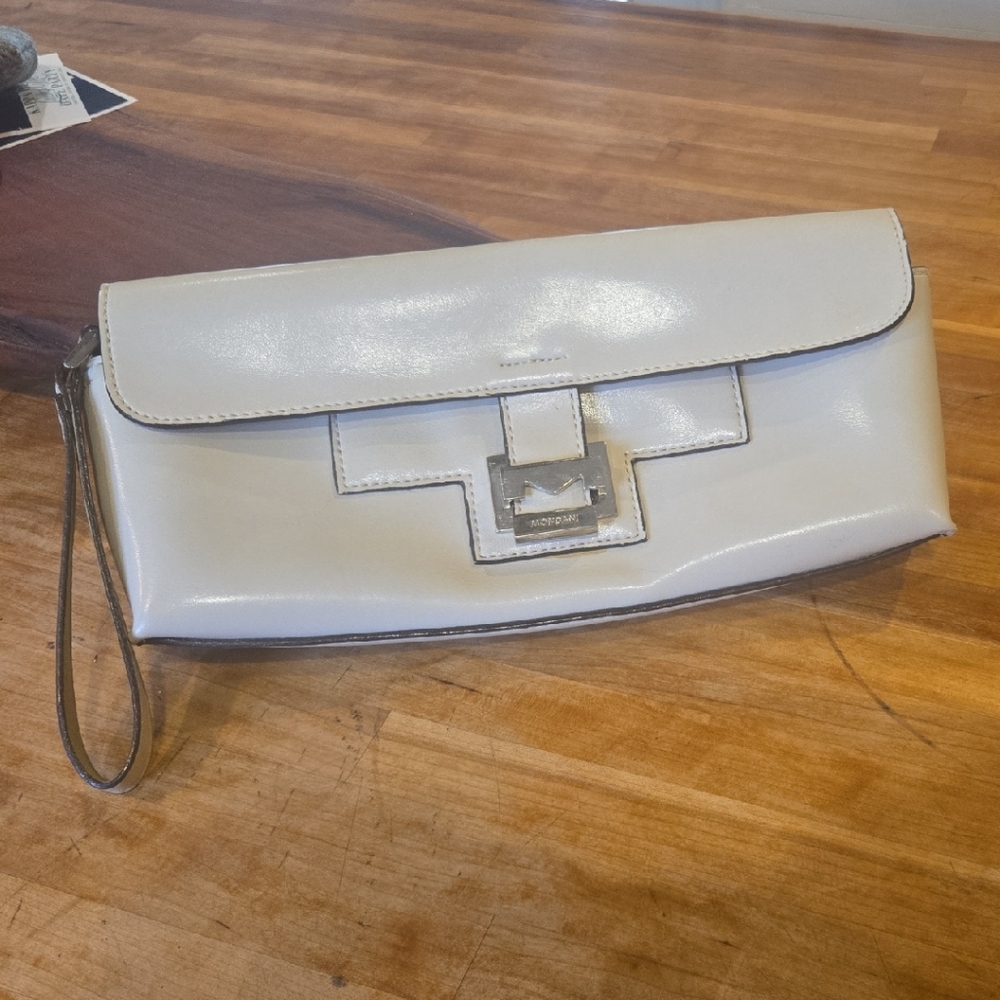 Mondani White Patent Leather Wristlet Clutch with Silver Hardware